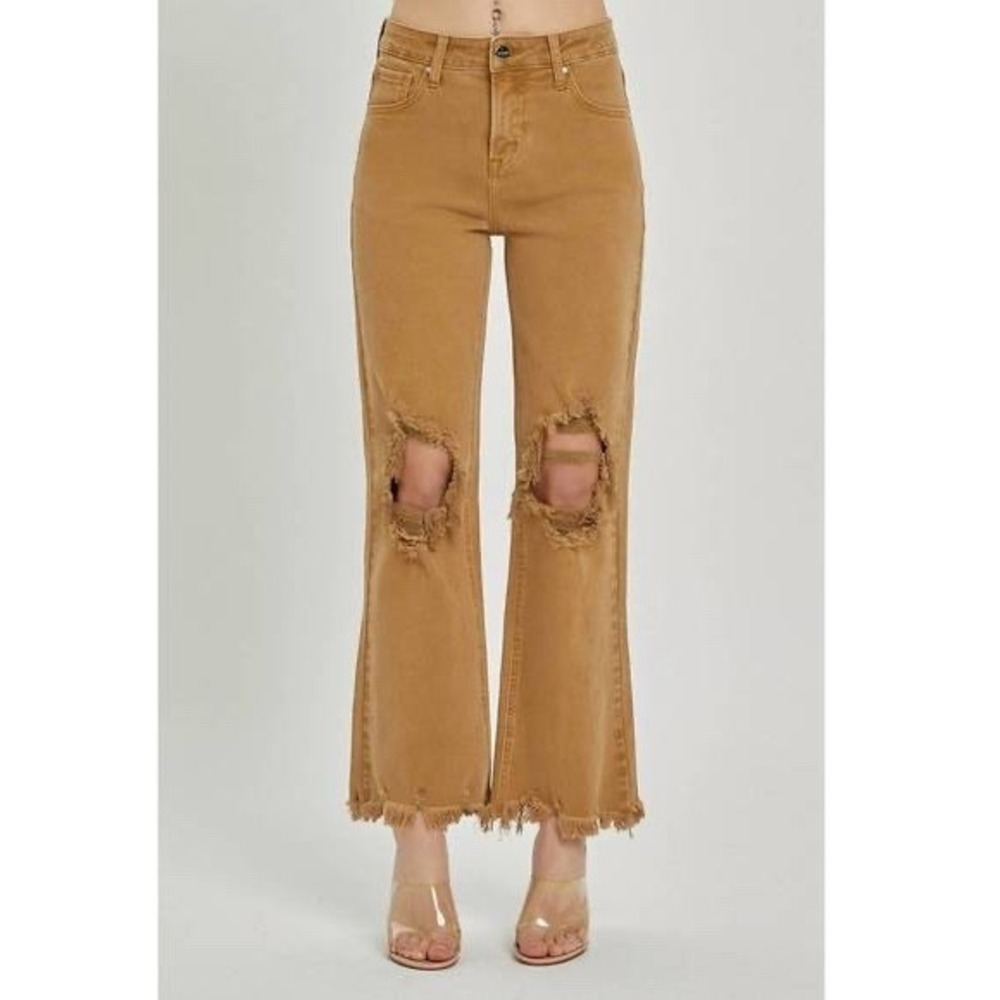 Risen Los Angeles Mocha Jeans Women Distressed Knee Raw Hem Straight Leg Sz 7 28